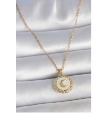 316L Çelik Gold Renk Zincir Beyaz Mineli Hilal İşlemeli Madalyon Model Kadın Kolye