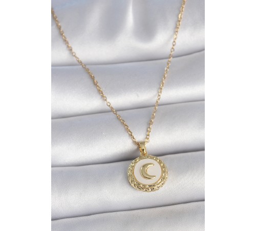316L Çelik Gold Renk Zincir Beyaz Mineli Hilal İşlemeli Madalyon Model Kadın Kolye