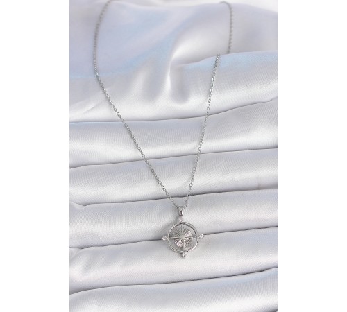 316L Çelik Gümüş Renk Zincir Zirkon Taşlı Pusula Model Kadın Kolye