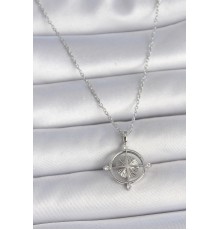 316L Çelik Gümüş Renk Zincir Zirkon Taşlı Pusula Model Kadın Kolye