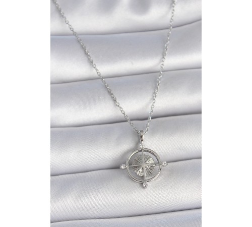 316L Çelik Gümüş Renk Zincir Zirkon Taşlı Pusula Model Kadın Kolye