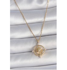 316L Çelik Gold Renk Zincir Zirkon Taşlı Pusula Model Kadın Kolye