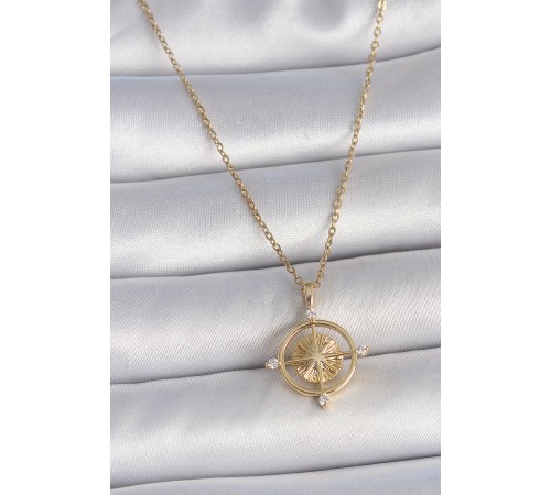 316L Çelik Gold Renk Zincir Zirkon Taşlı Pusula Model Kadın Kolye
