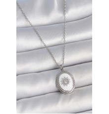 316L Çelik Gümüş Renk Beyaz Mineli Güneş İşlemeli Nazar Boncuk Detay Madalyon Model Kadın Kolye