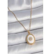 316L Çelik Gold Renk Zincir Beyaz Mineli Güneş İşlemeli Zirkon Taş Detaylı Madalyon Model Kadın Kolye