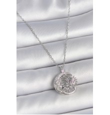 316L Çelik Gümüş Renk Zincir Ay Güneş Model Zirkon Taş Detay Kadın Kolye