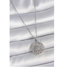 316L Çelik Gümüş Renk Zincir Mavi Taşlı Lotus Model Kadın Kolye