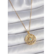 316L Çelik Gold Renk Zincr Mavi Taşlı Lotus Model Kadın Kolye
