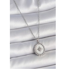 316L Çelik Gümüş Renk Zincir Beyaz Mineli Kutup Yıldız İşlemeli Madalyon Model Kadın Kolye