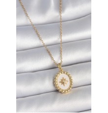 316L Çelik Gold Renk Zincir Beyaz Mineli Kutup Yıldız İşlemeli Madalyon Model Kadın Kolye
