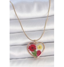 316L Çelik Gold Renk Zincir Epokis Kalp Doğal Çiçek Model Kadın Kolye