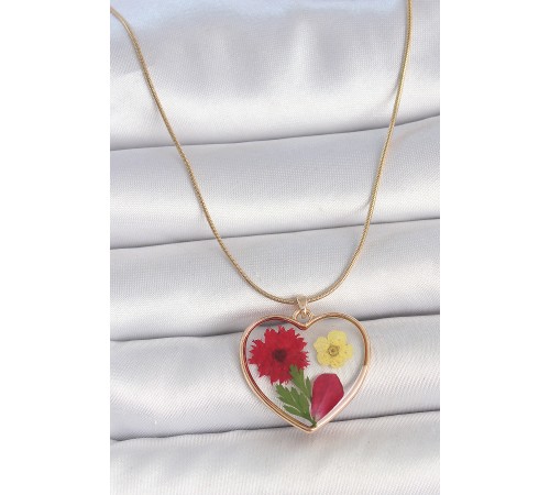 316L Çelik Gold Renk Zincir Epokis Kalp Doğal Çiçek Model Kadın Kolye