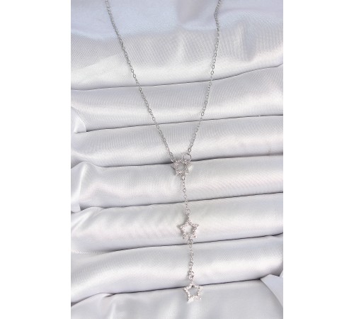 316L Çelik Gümüş Renk Zincir Zirkon Taşlı Yıldız Y Model Kadın Kolye