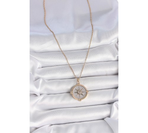 316L Çelik Gold Renk Zirkon Taşlı Pusula Model Kadın Kolye