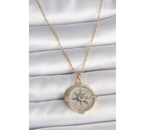 316L Çelik Gold Renk Zirkon Taşlı Pusula Model Kadın Kolye