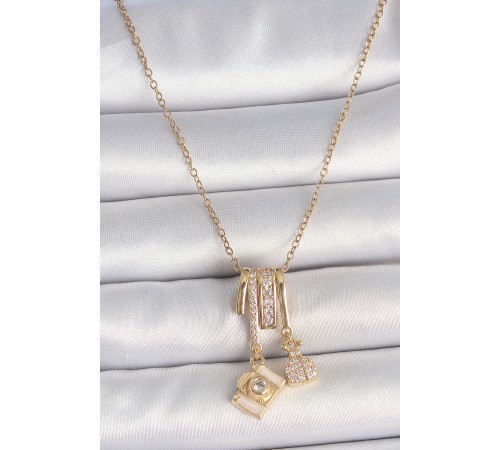 316L Çelik Gold Renk Zirkon Taşlı Sallantı Fotoğraf Makinası Figür Charm Kadın Kolye