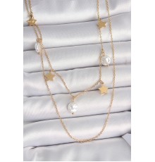 316L Çelik Gold Renk 2'Li Zincir Sallantı Yıldız İnci Model Kadın Kolye
