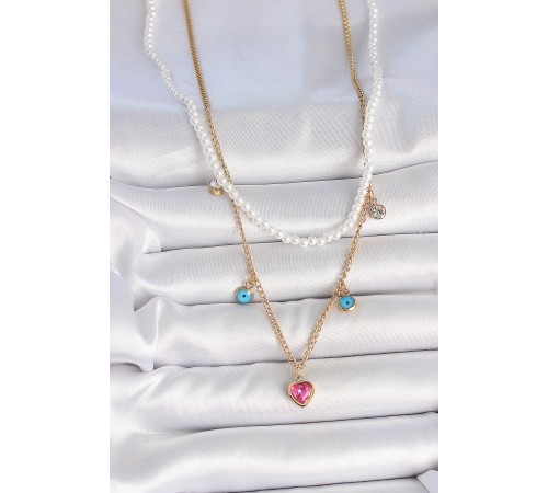 316L Çelik Gold Renk 2'Li İnci Zincir Model Pembe Taşlı Kalp Figür Nazar Boncuk Detay Kadın Kolye