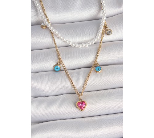 316L Çelik Gold Renk 2'Li İnci Zincir Model Pembe Taşlı Kalp Figür Nazar Boncuk Detay Kadın Kolye