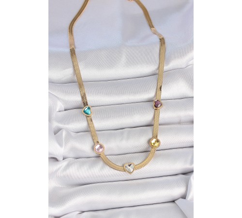 316L Çelik Gold Renk İtalyan Zincir Renkli Zirkon Taşlı Kalp Figür Kadın Kolye