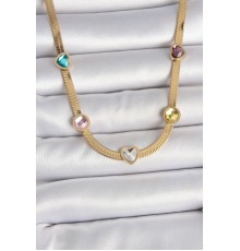 316L Çelik Gold Renk İtalyan Zincir Renkli Zirkon Taşlı Kalp Figür Kadın Kolye