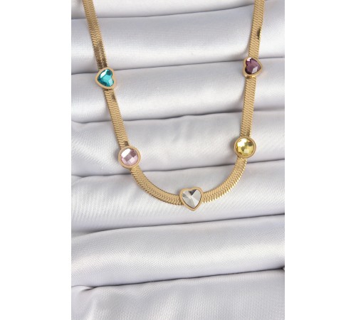 316L Çelik Gold Renk İtalyan Zincir Renkli Zirkon Taşlı Kalp Figür Kadın Kolye