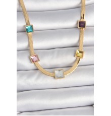 316L Çelik Gold Renk İtalyan Zincir Model Kare Renkli Zirkon Taşlı Kadın Kolye