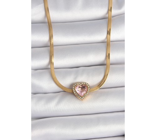 316L Çelik Gold Renk İtalyan Zincir Pembe Zirkon Taşlı Kalp Model Kadın Kolye