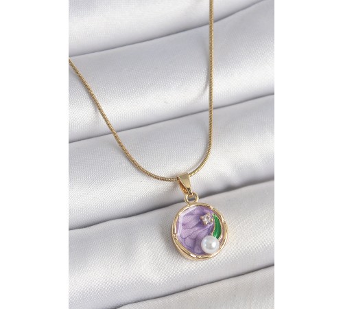 316L Çelik Gold Renk Zincir Mor Çiçek İşlemeli Zirkon Taş İnci Detaylı Minimal Portre Model Kadın Kolye