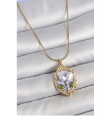 316L Çelik Gold Renk Mor İncili Çiçek İşlemeli Portre Model Kadın Kolye