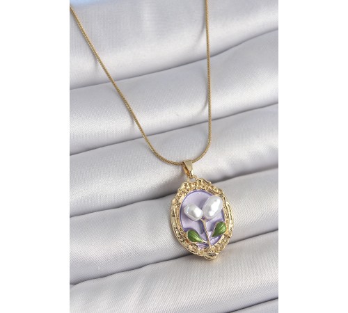 316L Çelik Gold Renk Mor İncili Çiçek İşlemeli Portre Model Kadın Kolye
