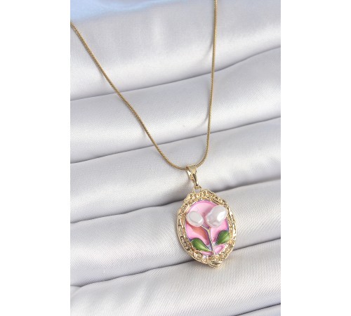 316L Çelik Gold Renk Zincir Pembe Mineli İncili Çiçek İşlemeli Portre Model Kadın Kolye