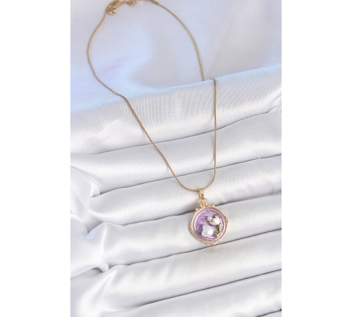 316L Çelik Gold Renk Zincir Mor Mineli İncili Çiçek İşlemeli Portre Model Kadın Kolye