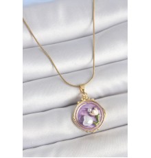 316L Çelik Gold Renk Zincir Mor Mineli İncili Çiçek İşlemeli Portre Model Kadın Kolye