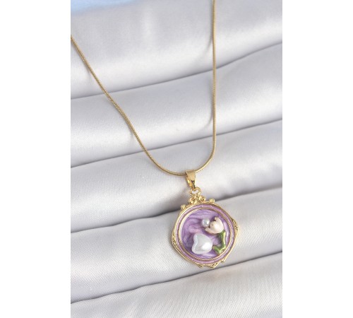 316L Çelik Gold Renk Zincir Mor Mineli İncili Çiçek İşlemeli Portre Model Kadın Kolye