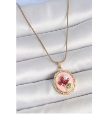 316L Çelik Gold Renk Zincir Pembe Mineli İncili Çiçek İşlemeli Portre Model Kadın Kolye