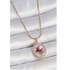 316L Çelik Gold Renk Zincir Mor Mineli İncili Çiçek İşlemeli Portre Model Kadın Kolye