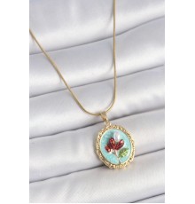 316L Çelik Gold Renk Zincir Turkuaz Mineli İncili Çiçek İşlemeli Portre Model Kadın Kolye