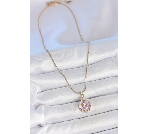 316L Çelik Gold Renk Zincir Mor Mineli Çiçek İşlemeli Portre Model Kadın Kolye