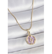 316L Çelik Gold Renk Zincir Mor Mineli Çiçek İşlemeli Portre Model Kadın Kolye