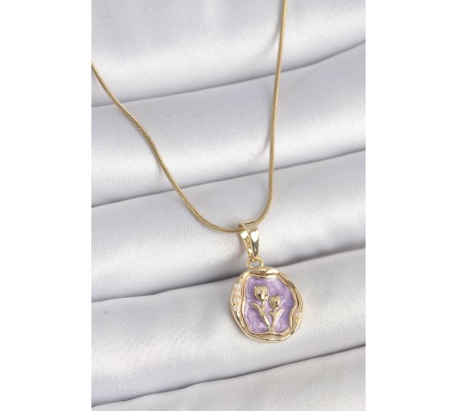 316L Çelik Gold Renk Zincir Mor Mineli Çiçek İşlemeli Portre Model Kadın Kolye