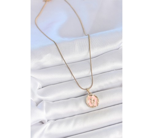 316L Çelik Gold Renk Zincir Pembe Mineli Çiçek İşlemeli Portre Model Kadın Kolye