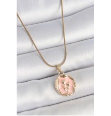 316L Çelik Gold Renk Zincir Pembe Mineli Çiçek İşlemeli Portre Model Kadın Kolye