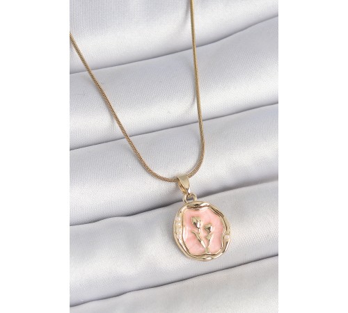 316L Çelik Gold Renk Zincir Pembe Mineli Çiçek İşlemeli Portre Model Kadın Kolye