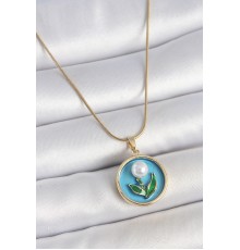 316L Çelik Gold Renk Zincir Mavi Mineli İncili Çiçek İşlemeli Portre Model Kadın Kolye