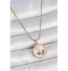 316L Çelik Gold Renk Zincir Pembe Mineli İncili Çiçek İşlemeli Portre Model Kadın Kolye