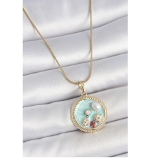 316L Çelik Gold Renk Zincir Mavi Mineli İnci Çiçek İşlemeli Zirkon Taş Detaylı Madalyon Model Kadın Kolye
