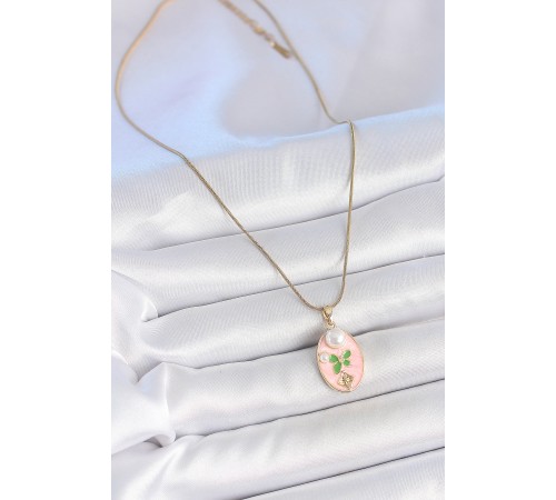 316L Çelik Gold Renk Zincir Pembe Mineli Oval İncili Çiçek İşlemeli Portre Model Kadın Kolye