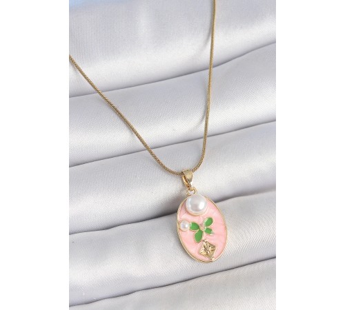316L Çelik Gold Renk Zincir Pembe Mineli Oval İncili Çiçek İşlemeli Portre Model Kadın Kolye