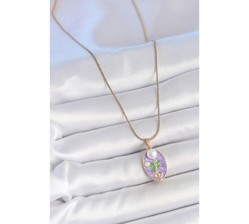 316L Çelik Gold Renk Zincir Mor Mineli Oval İncili Çiçek İşlemeli Portre Model Kadın Kolye